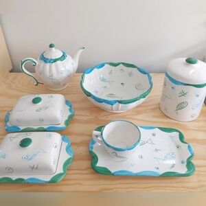 Ceramic Handcrafted Dish Set Includes Teapot & Serving Bowl